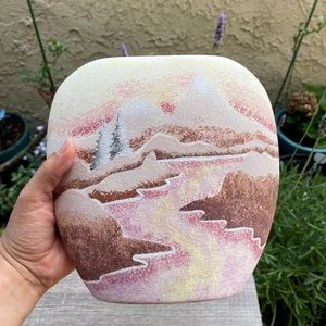 Hand Painted Ceramic Vase with Mountains and River Design